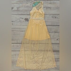 NWT erGuo Womens Medium Champagne Gold Sheer Overlay Backless Dainty Fairy Dress